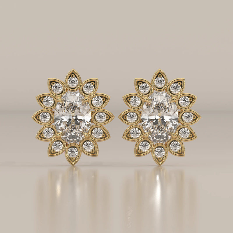 Oval Lab Grown Diamond Sunflower Halo Stud Earrings in yellow gold, shown from the front.