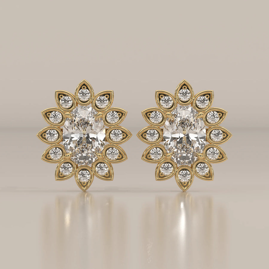 Oval Lab Grown Diamond Sunflower Halo Stud Earrings in yellow gold, shown from the front.