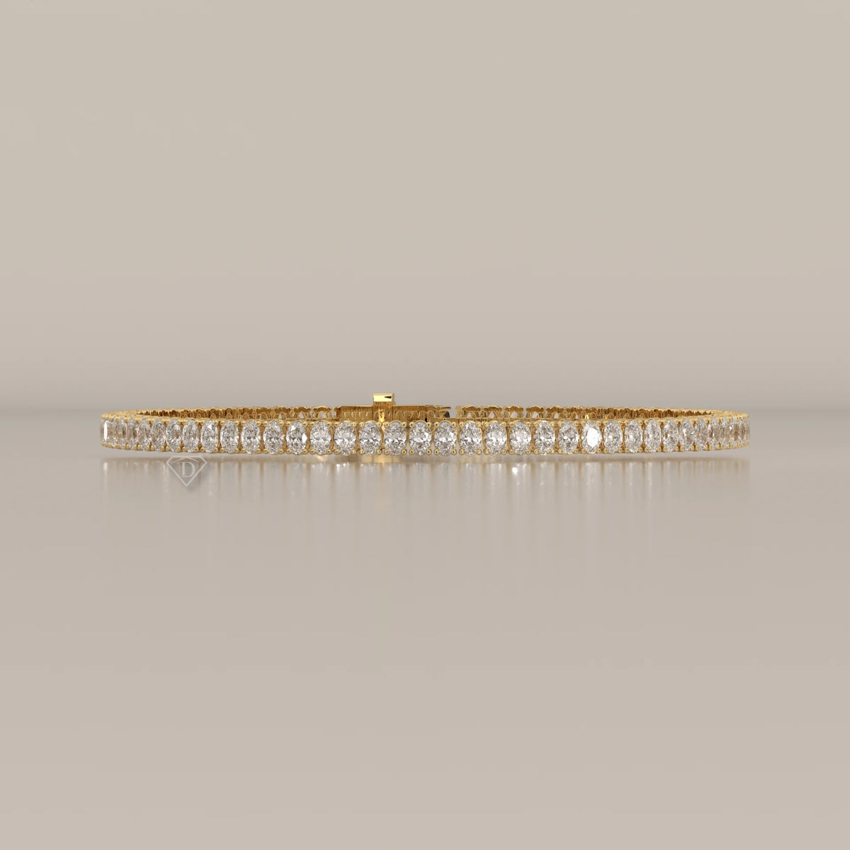 Oval Lab Grown Diamond Tennis Bracelet in Four Prong Settings in yellow gold, shown from the front.