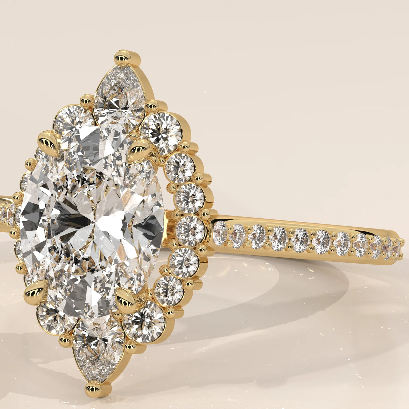 A stunning 14k yellow gold ring featuring an oval diamond surrounded by a halo of smaller diamonds.