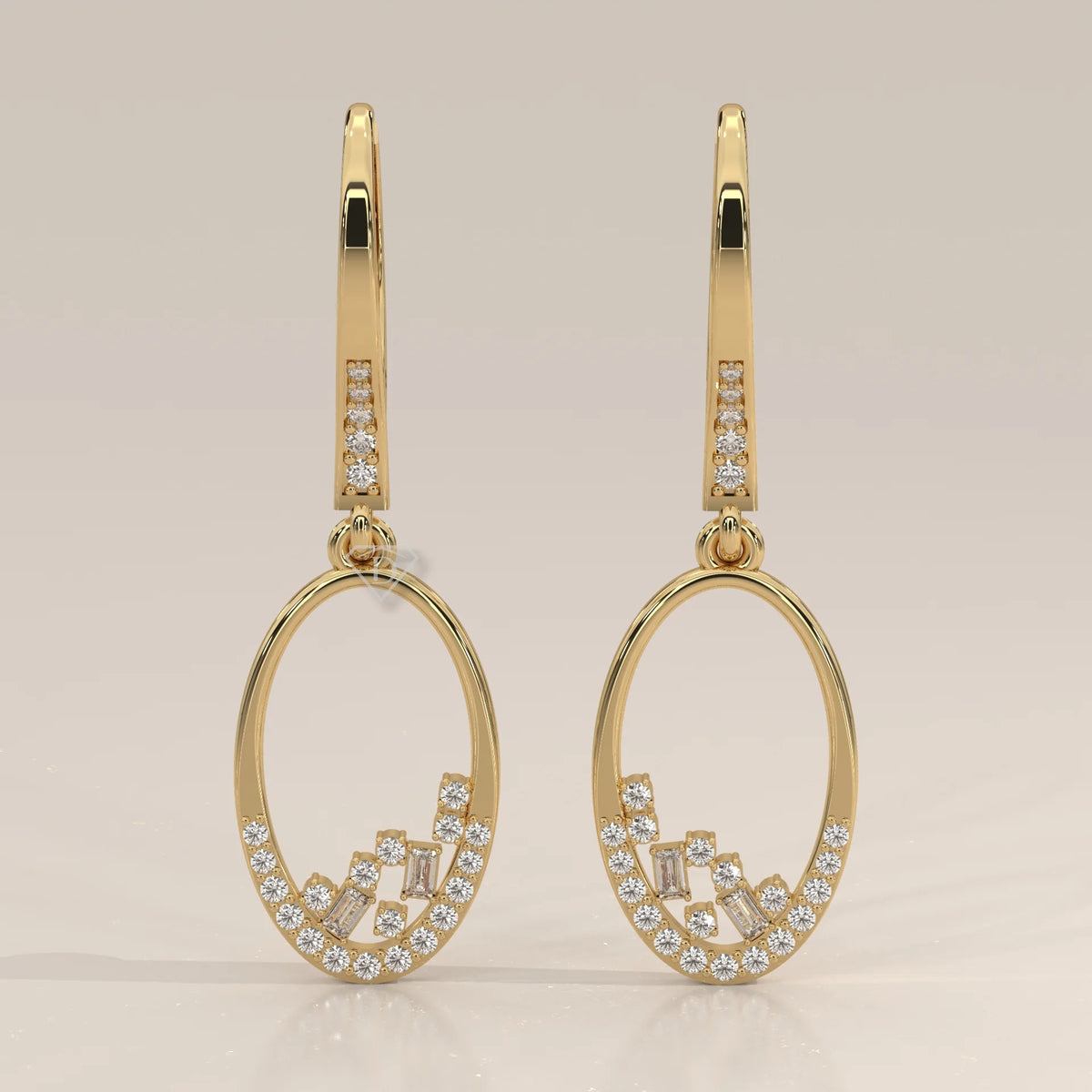 Front View: Oval Diamond Dangle Earrings with Prong Setting in Yellow Gold – Lab Grown – Driona Jewels