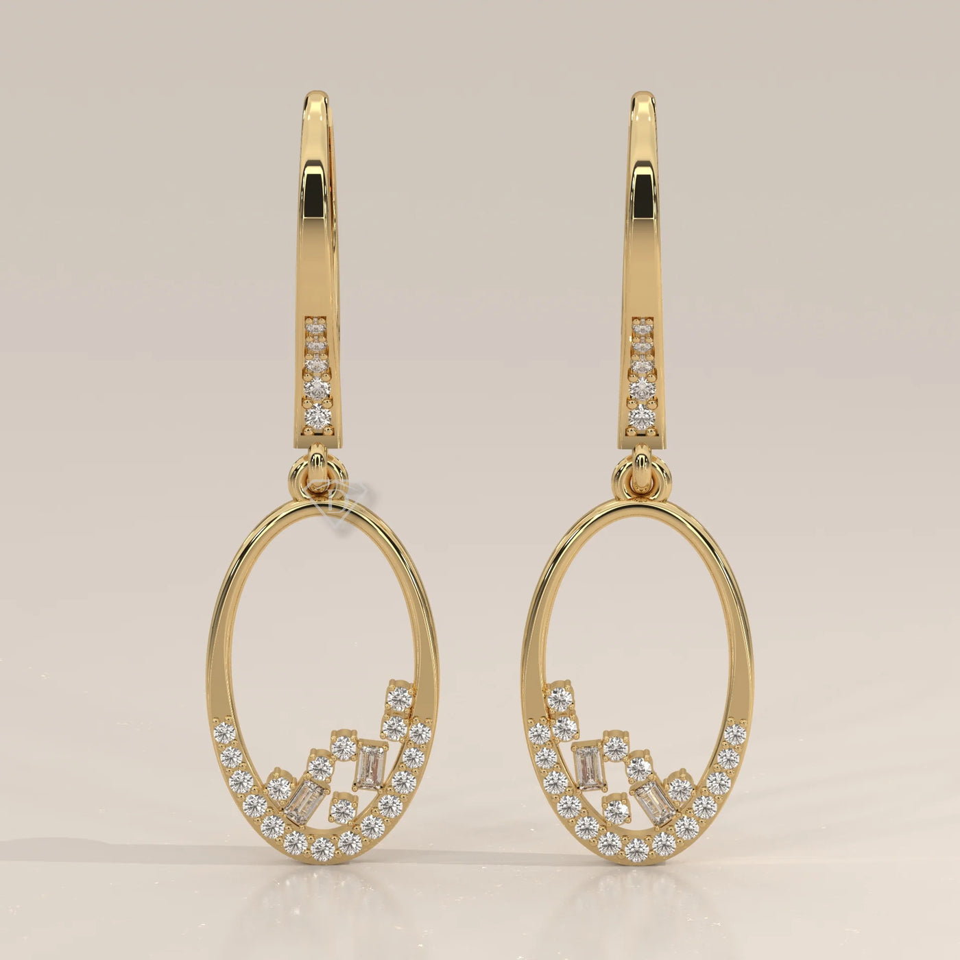 Front View: Oval Diamond Dangle Earrings with Prong Setting in Yellow Gold – Lab Grown – Driona Jewels