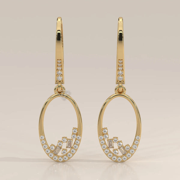 Front View: Oval Diamond Dangle Earrings with Prong Setting in Yellow Gold – Lab Grown – Driona Jewels