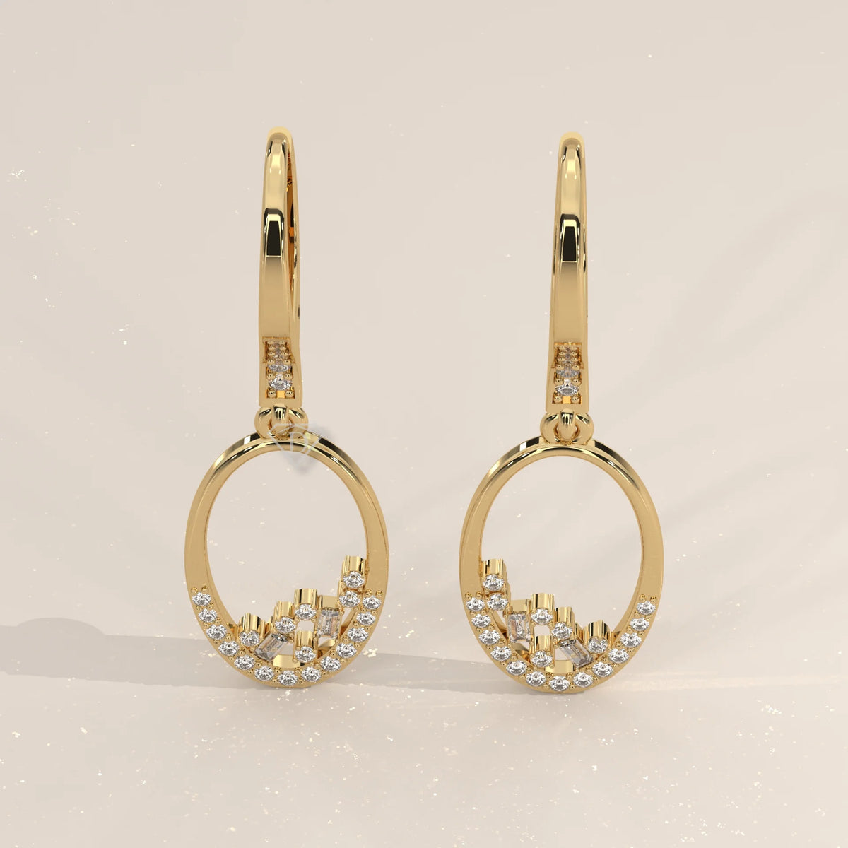 Pair Front View: Oval Diamond Dangle Earrings with Prong Setting in Yellow Gold – Lab Grown – Driona Jewels