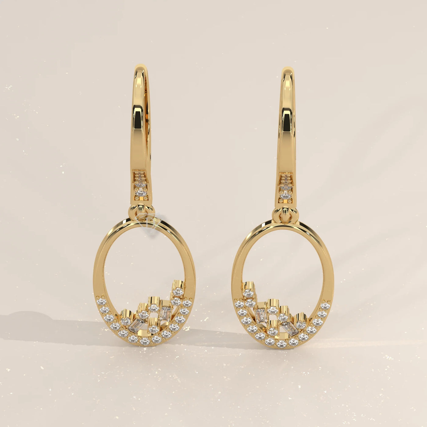 Pair Front View: Oval Diamond Dangle Earrings with Prong Setting in Yellow Gold – Lab Grown – Driona Jewels