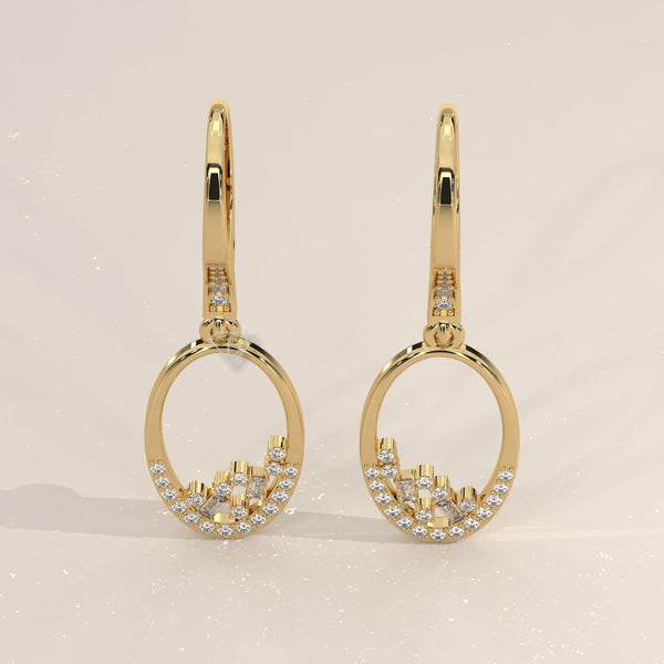 Pair Front View: Oval Diamond Dangle Earrings with Prong Setting in Yellow Gold – Lab Grown – Driona Jewels