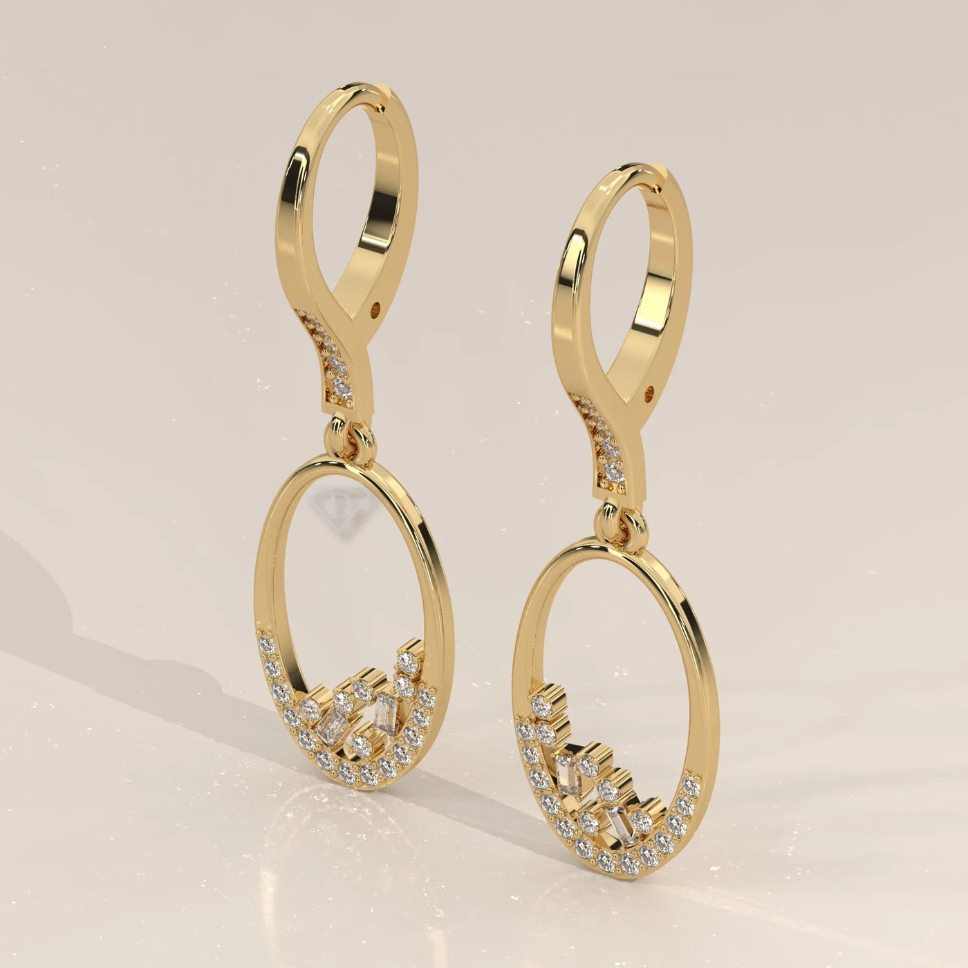 Three-Quarter View: Oval Diamond Dangle Earrings with Prong Setting in Yellow Gold – Lab Grown – Driona Jewels