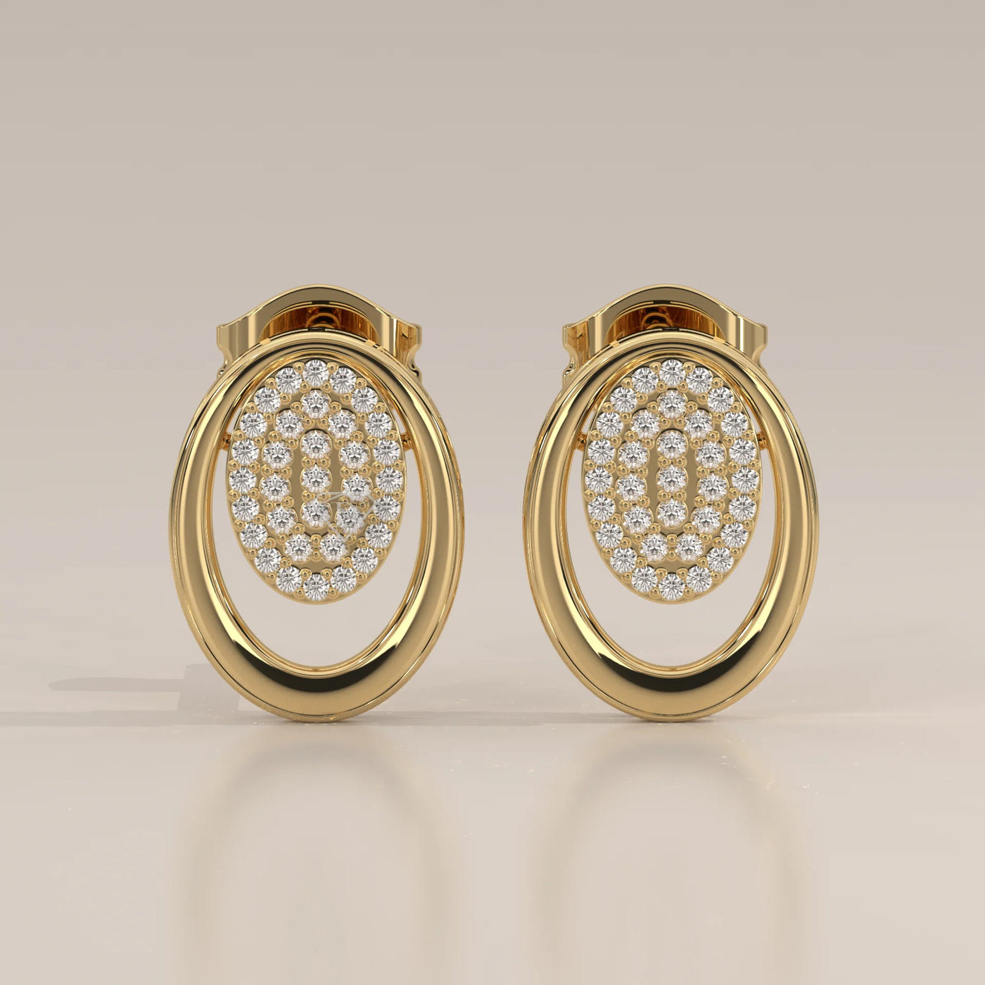 Front View: Oval Diamond Stud Earrings with Pavé Setting in Yellow Gold – Lab Grown – Driona Jewels