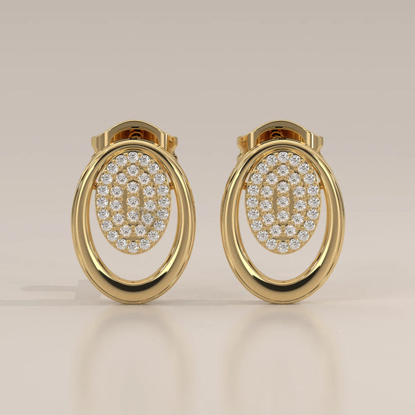 Front View: Oval Diamond Stud Earrings with Pavé Setting in Yellow Gold – Lab Grown – Driona Jewels