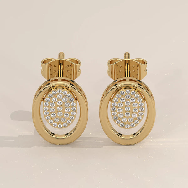 Pair Front View: Oval Diamond Stud Earrings with Pavé Setting in Yellow Gold – Lab Grown – Driona Jewels