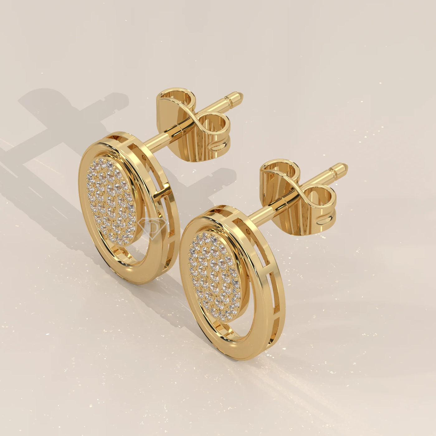 Three-Quarter View: Oval Diamond Stud Earrings with Pavé Setting in Yellow Gold – Lab Grown – Driona Jewels