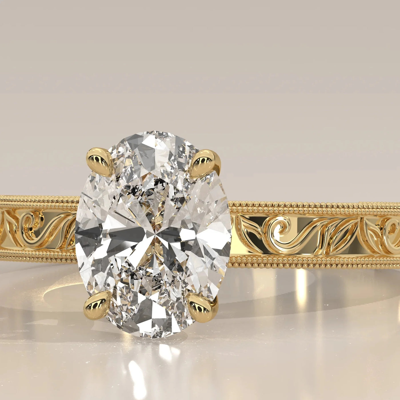 Close-Up: Oval Diamond Ring with Solitaire Setting in Yellow Gold – Lab Grown – Driona Jewels