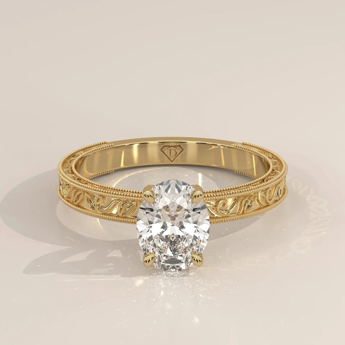 Front View: Oval Diamond Ring with Solitaire Setting in Yellow Gold – Lab Grown – Driona Jewels