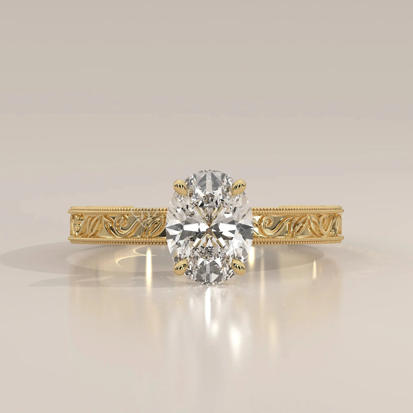 Front View: Oval Diamond Ring with Solitaire Setting in Yellow Gold – Lab Grown – Driona Jewels