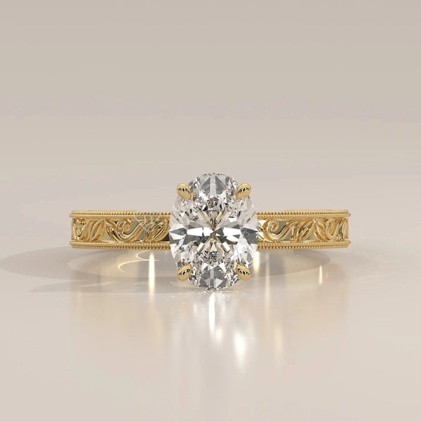 Front View: Oval Diamond Ring with Solitaire Setting in Yellow Gold – Lab Grown – Driona Jewels