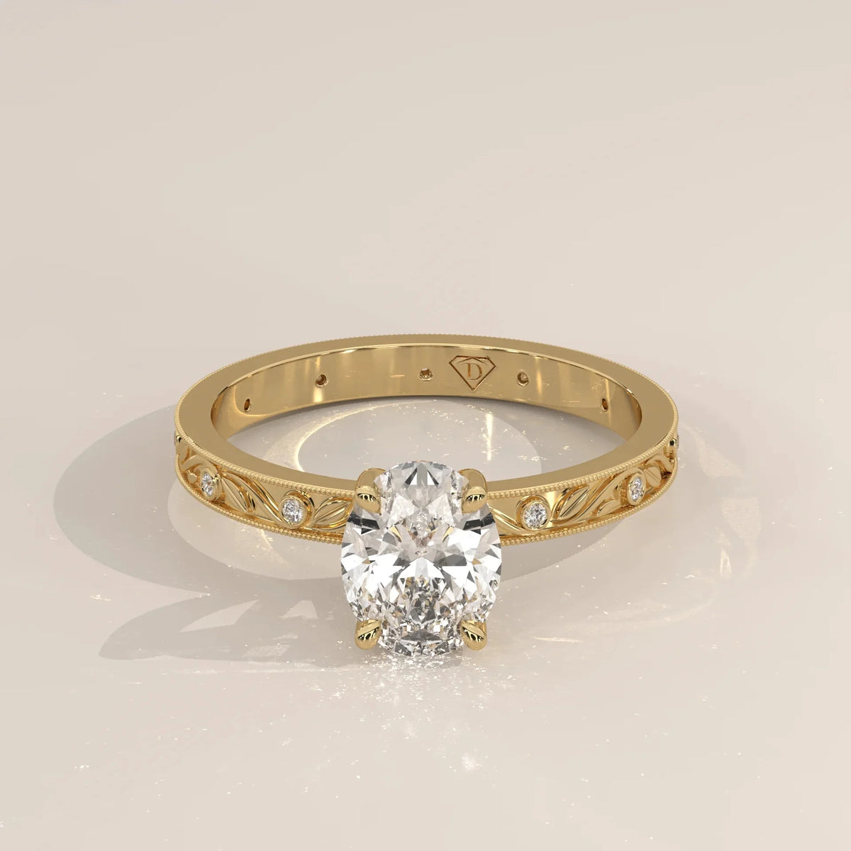 Front View: Oval Diamond Ring with Solitaire Setting in Yellow Gold – Lab Grown – Driona Jewels