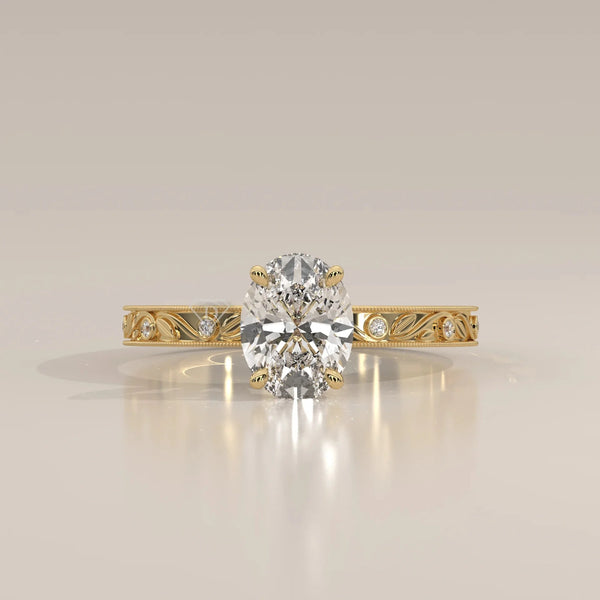 Front View: Oval Diamond Ring with Solitaire Setting in Yellow Gold – Lab Grown – Driona Jewels