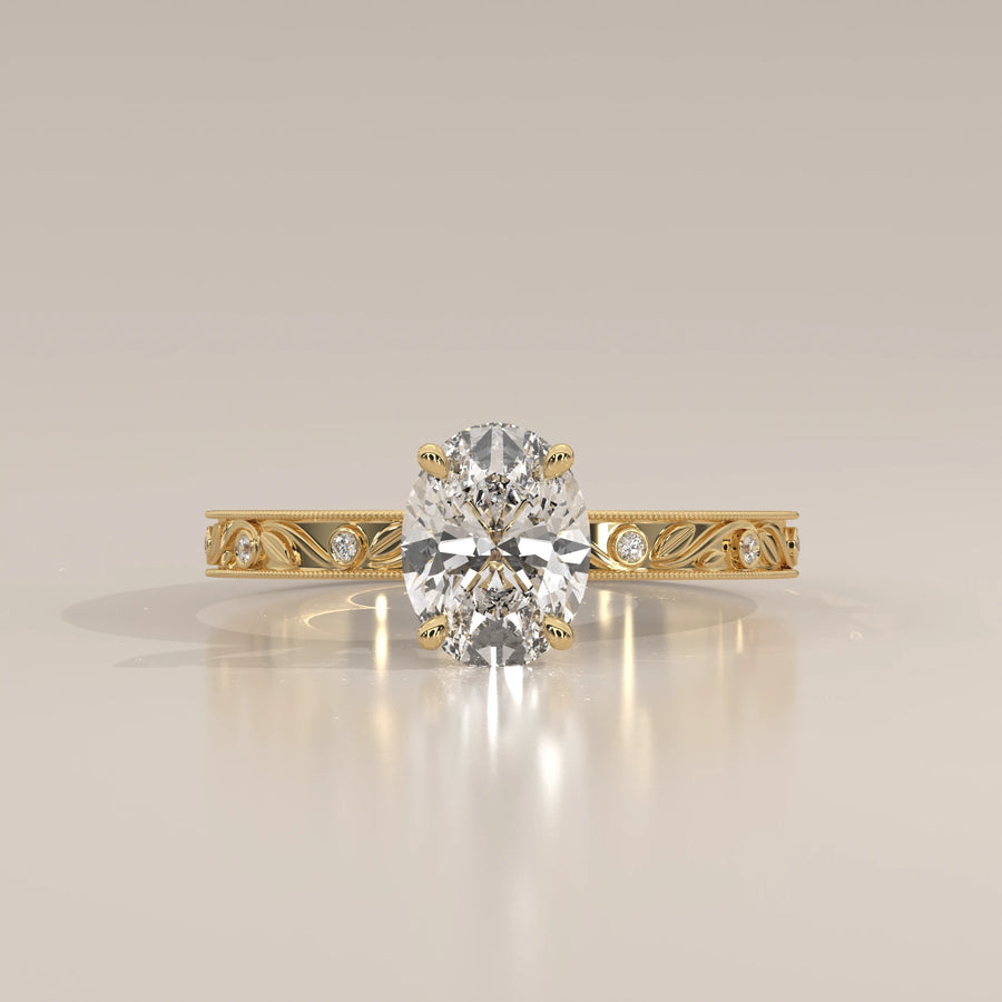 Front View: Oval Diamond Ring with Solitaire Setting in Yellow Gold – Lab Grown – Driona Jewels