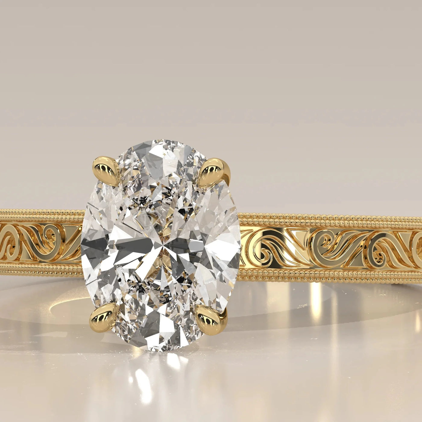 Close-Up: Oval Diamond Ring with Solitaire Setting in Yellow Gold – Lab Grown – Driona Jewels