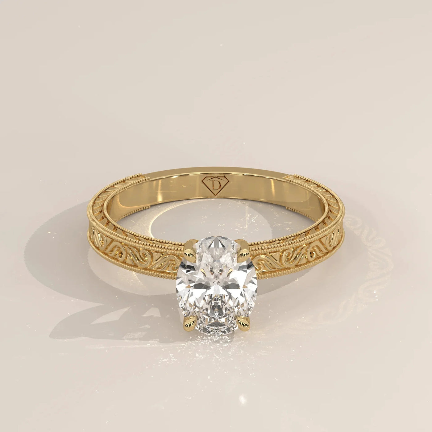 Front View: Oval Diamond Ring with Solitaire Setting in Yellow Gold – Lab Grown – Driona Jewels