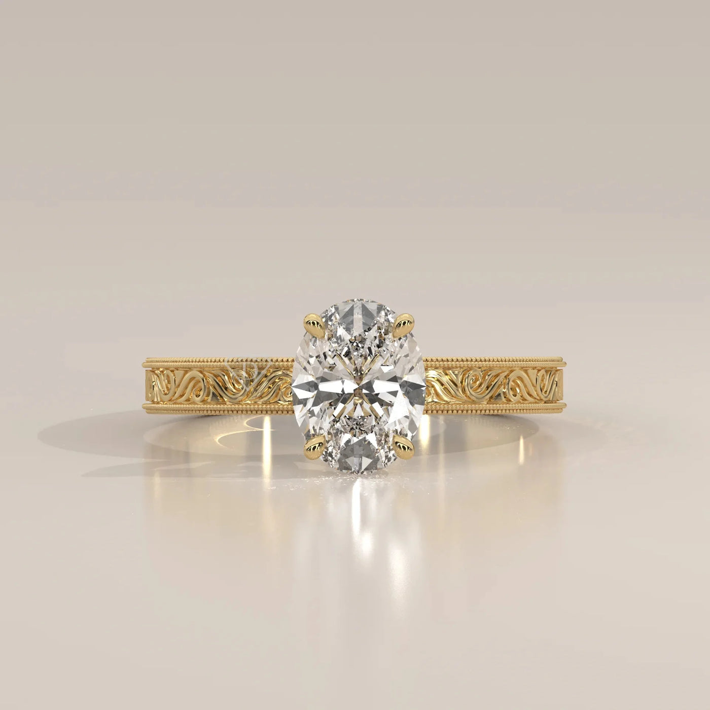 Front View: Oval Diamond Ring with Solitaire Setting in Yellow Gold – Lab Grown – Driona Jewels