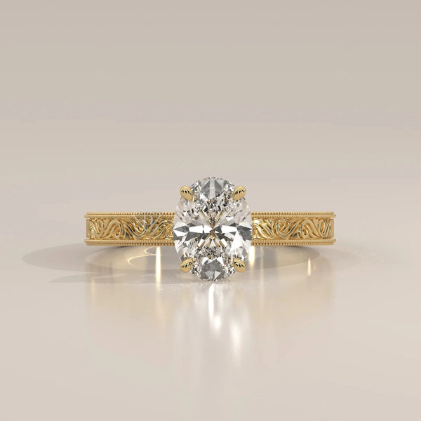 Front View: Oval Diamond Ring with Solitaire Setting in Yellow Gold – Lab Grown – Driona Jewels