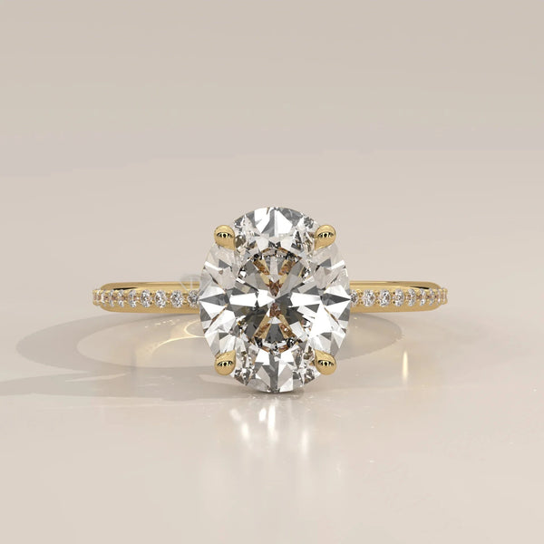 Front View: Oval Diamond Engagement Ring with Pavé Setting in Yellow Gold – Lab Grown – Driona Jewels