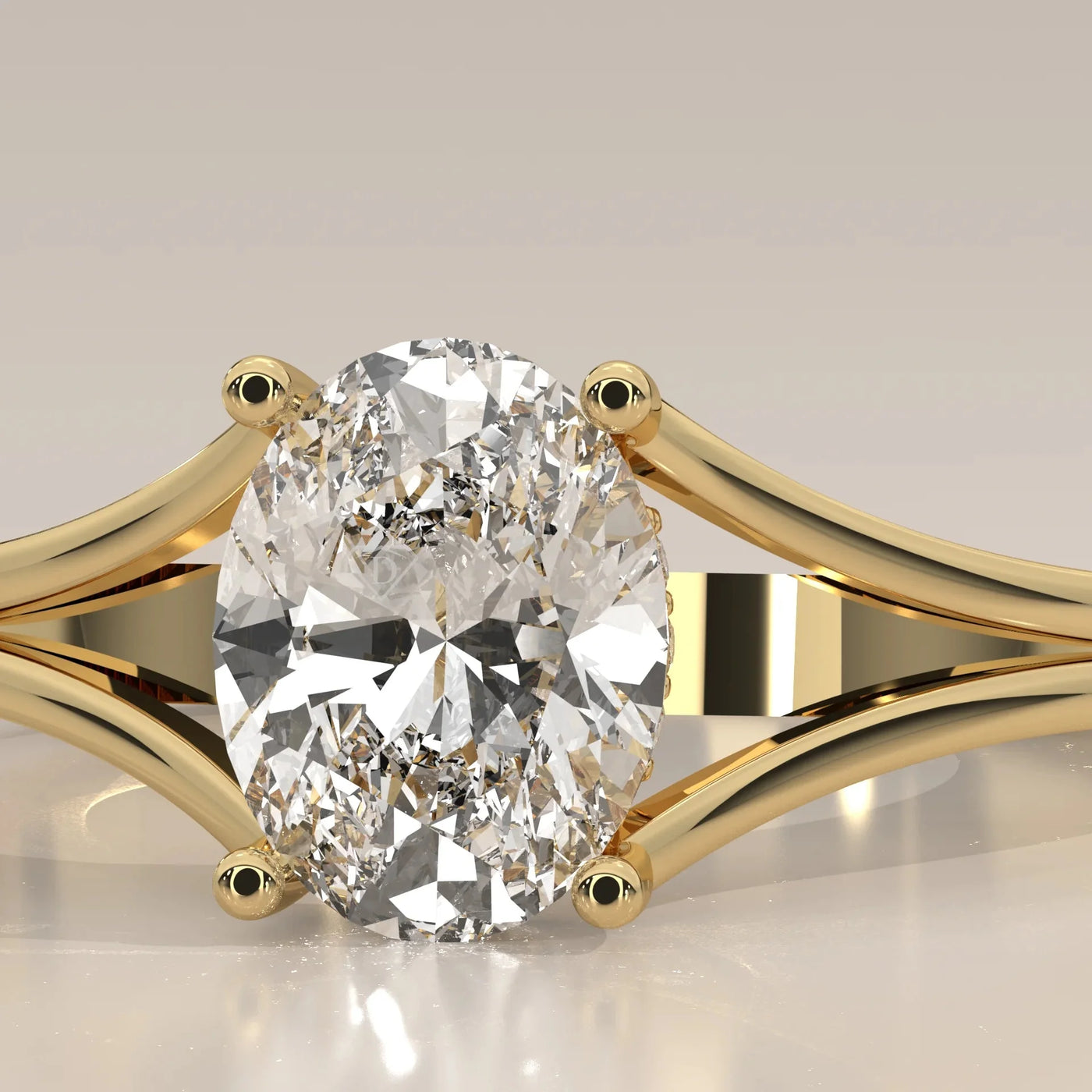 Front View: Oval Diamond Ring with Solitaire Setting in Yellow Gold – Lab Grown – Driona Jewels