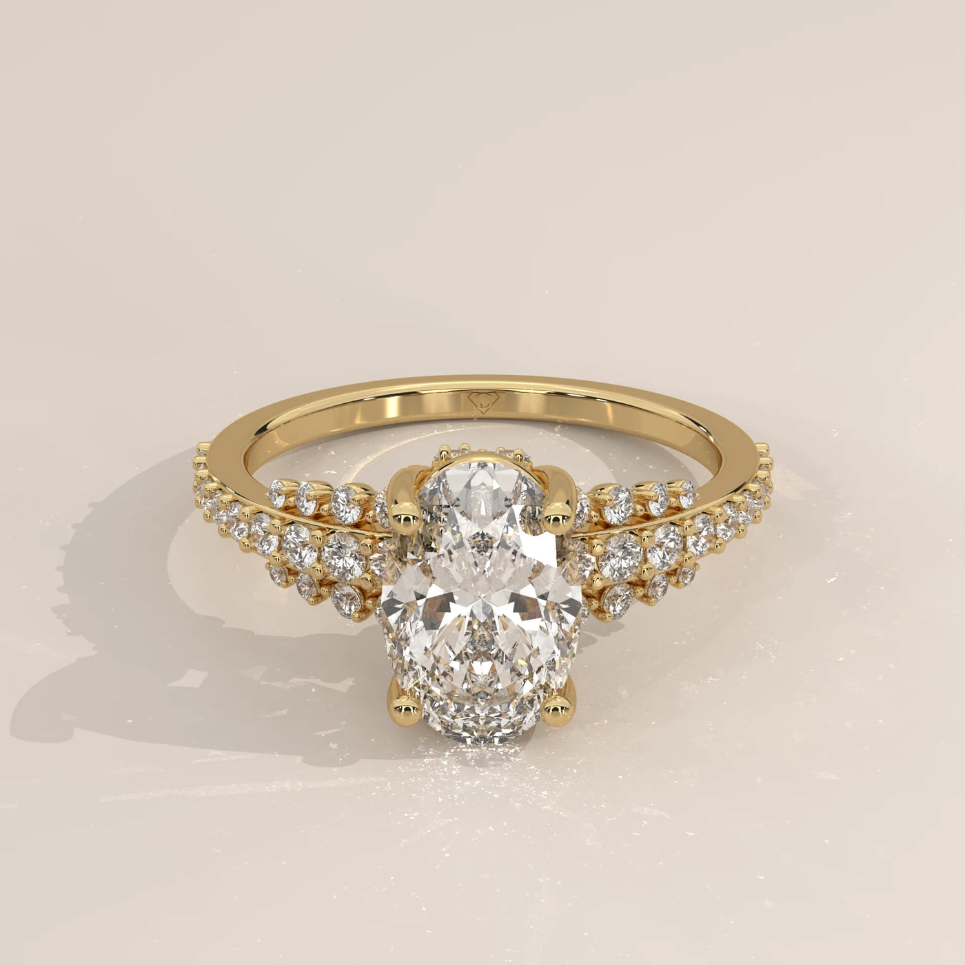 Three-Quarter View: Oval Diamond Ring with Split Shank Setting in Yellow Gold – Lab Grown – Driona Jewels
