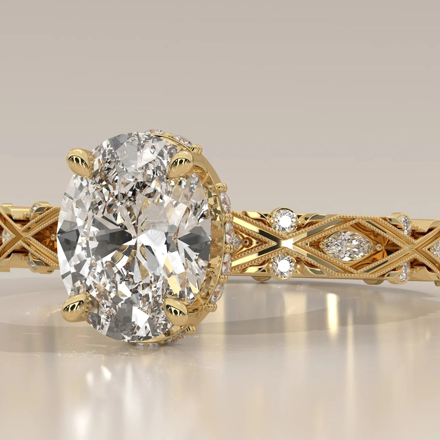 Front View: Oval Diamond Ring with Solitaire Setting in Yellow Gold – Lab Grown – Driona Jewels