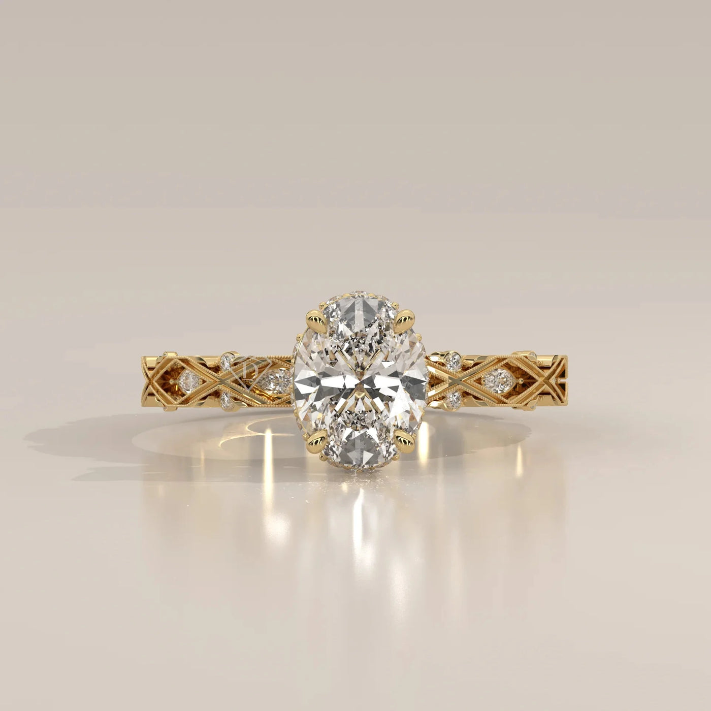 Front View: Oval Diamond Ring with Solitaire Setting in Yellow Gold – Lab Grown – Driona Jewels
