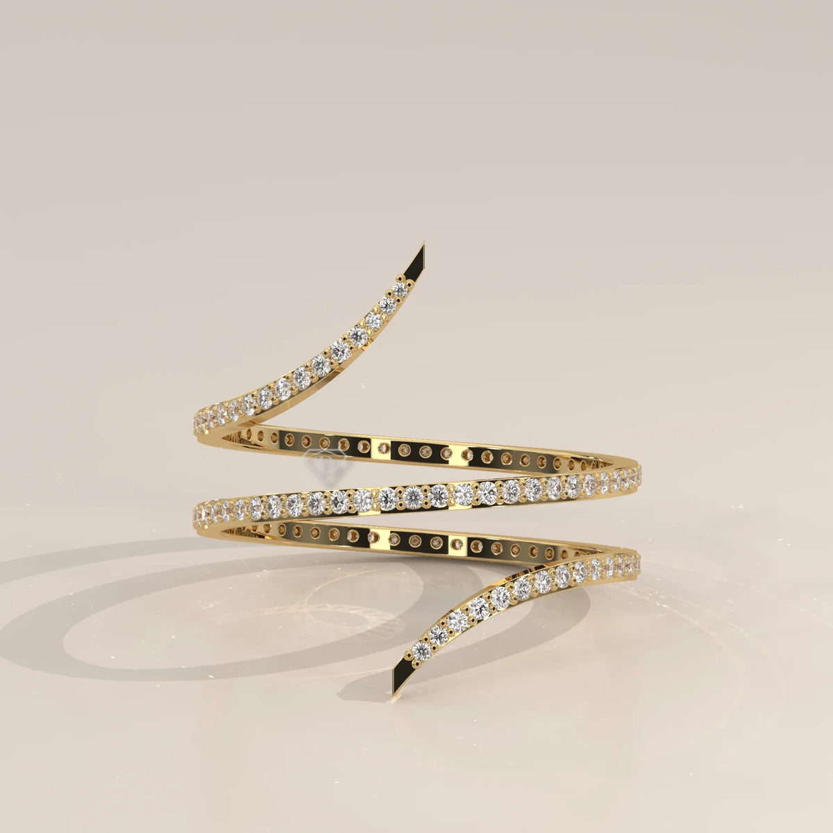 Round Lab Grown Diamond Pave Coil Ring with Tapered Pointed Ends in yellow gold, shown from the front.