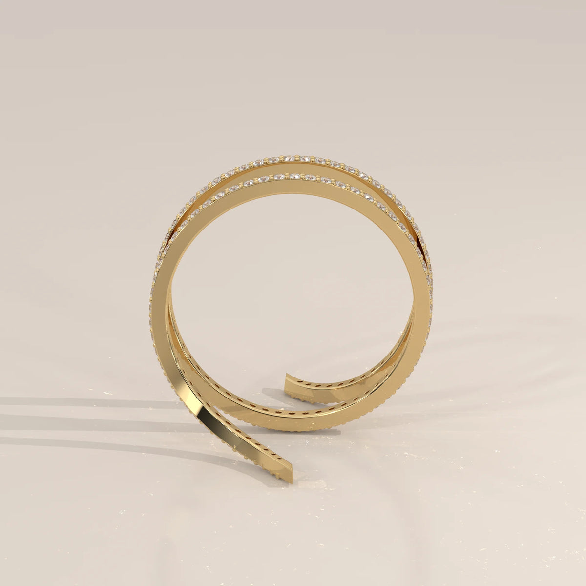 Round Lab Grown Diamond Pave Coil Ring with Tapered Pointed Ends in yellow gold, side profile view.