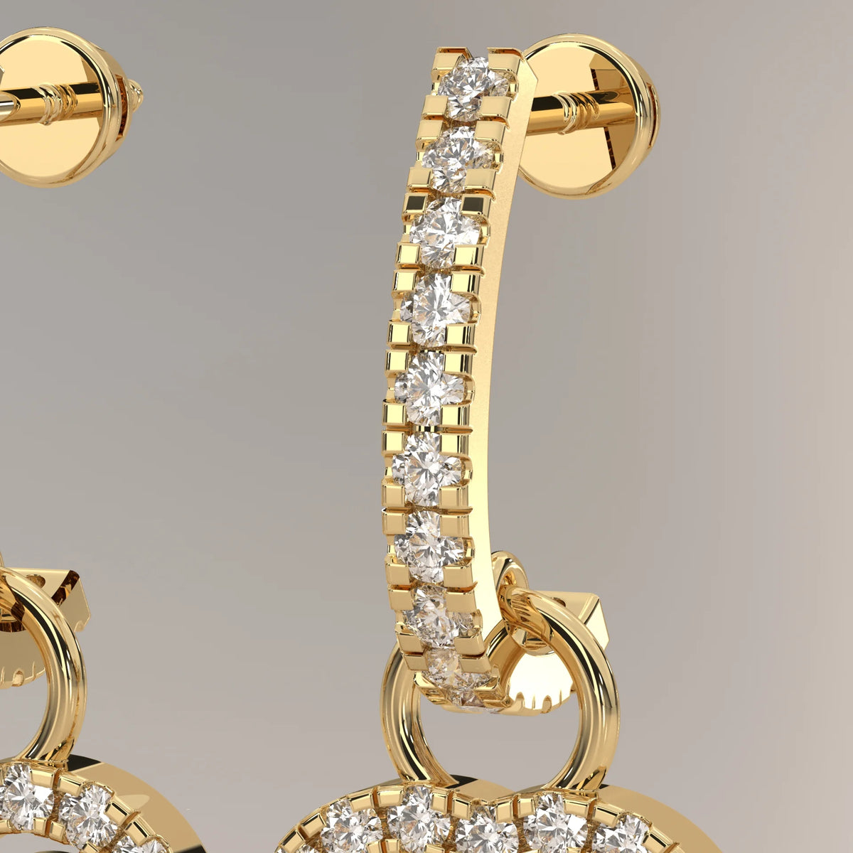 Pave Heart Lab Grown Diamond Drop Earrings on a Half Hoop Post in yellow gold, studio photograph on a plain background.
