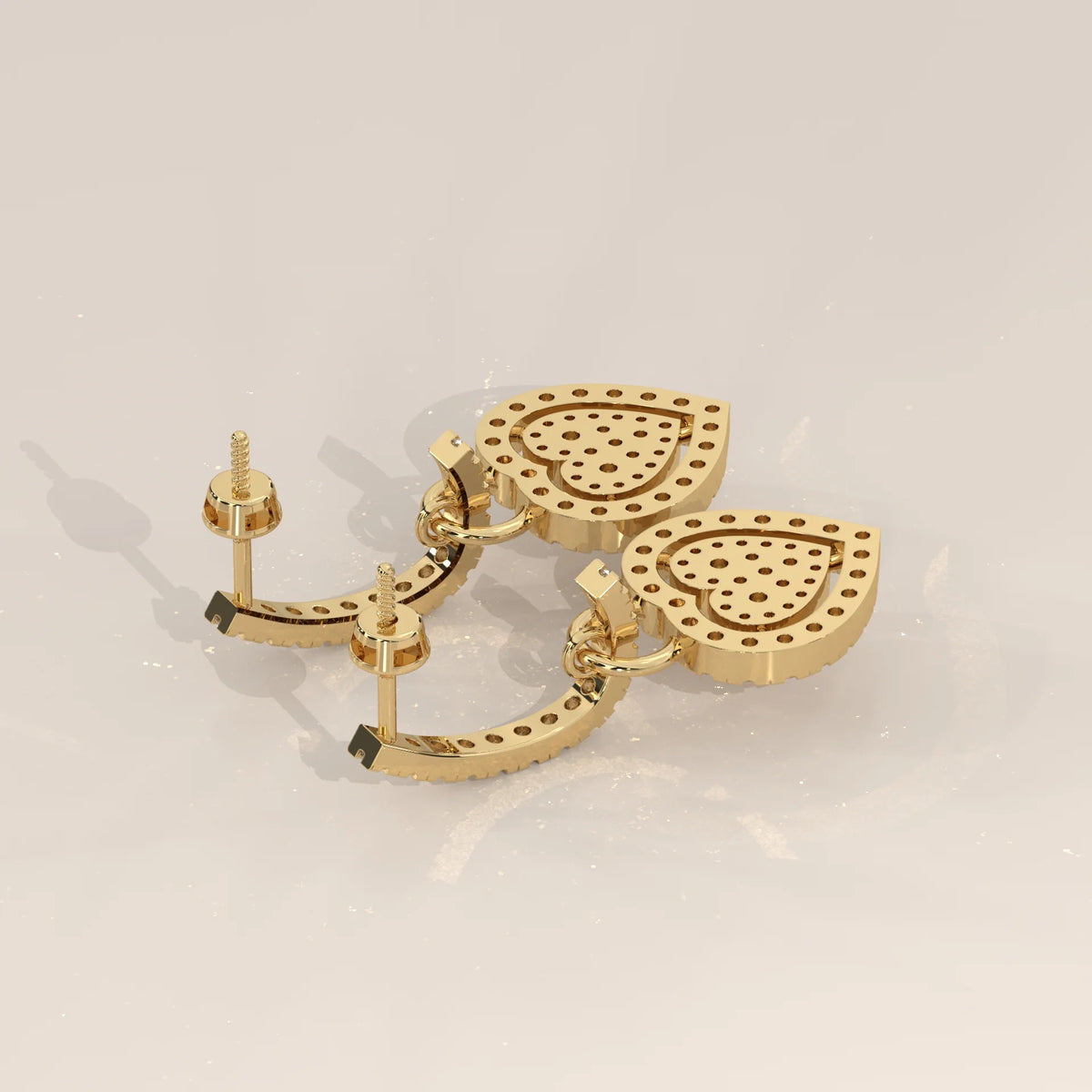 Pave Heart Lab Grown Diamond Drop Earrings on a Half Hoop Post in yellow gold, shown at an angle.