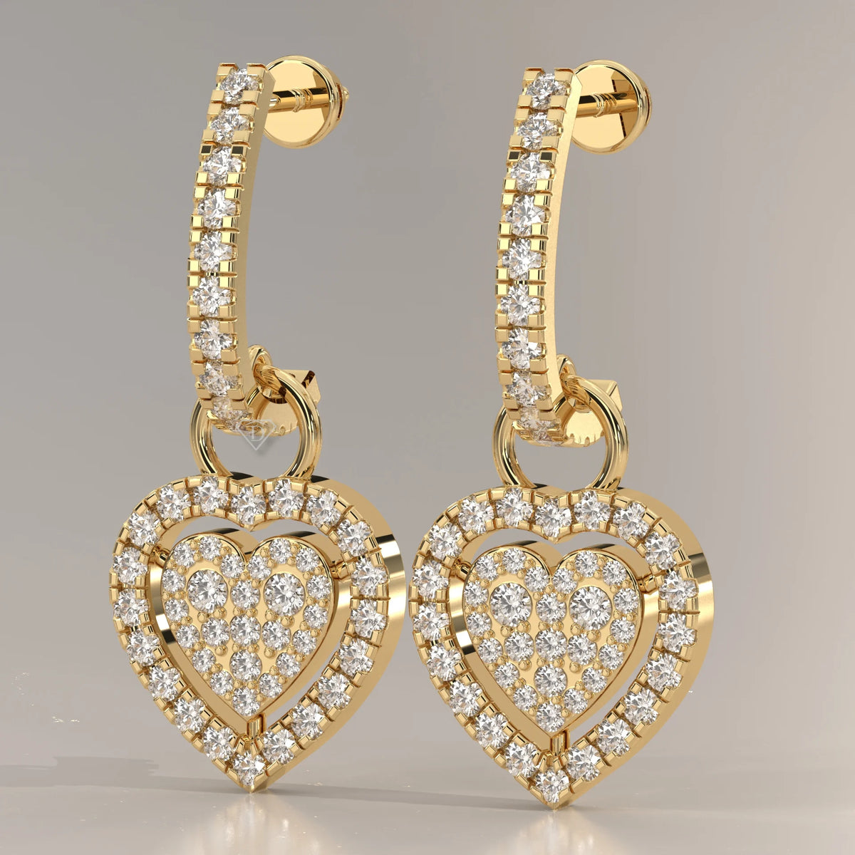 Pave Heart Lab Grown Diamond Drop Earrings on a Half Hoop Post in yellow gold, front view on a plain background.