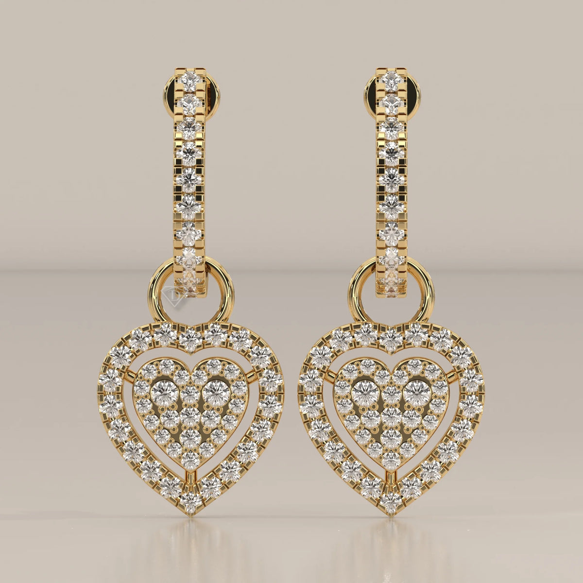 Pave Heart Lab Grown Diamond Drop Earrings on a Half Hoop Post in yellow gold, shown from the front.