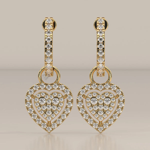 Pave Heart Lab Grown Diamond Drop Earrings on a Half Hoop Post in yellow gold, shown from the front.