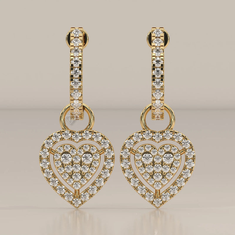 Pave Heart Lab Grown Diamond Drop Earrings on a Half Hoop Post in yellow gold, shown from the front.