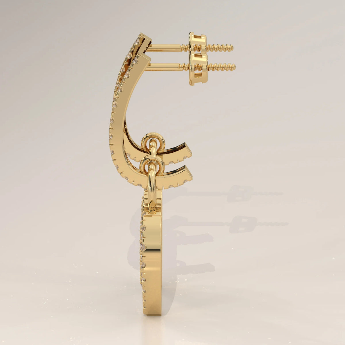 Pave Heart Lab Grown Diamond Drop Earrings on a Half Hoop Post in yellow gold, side profile view.