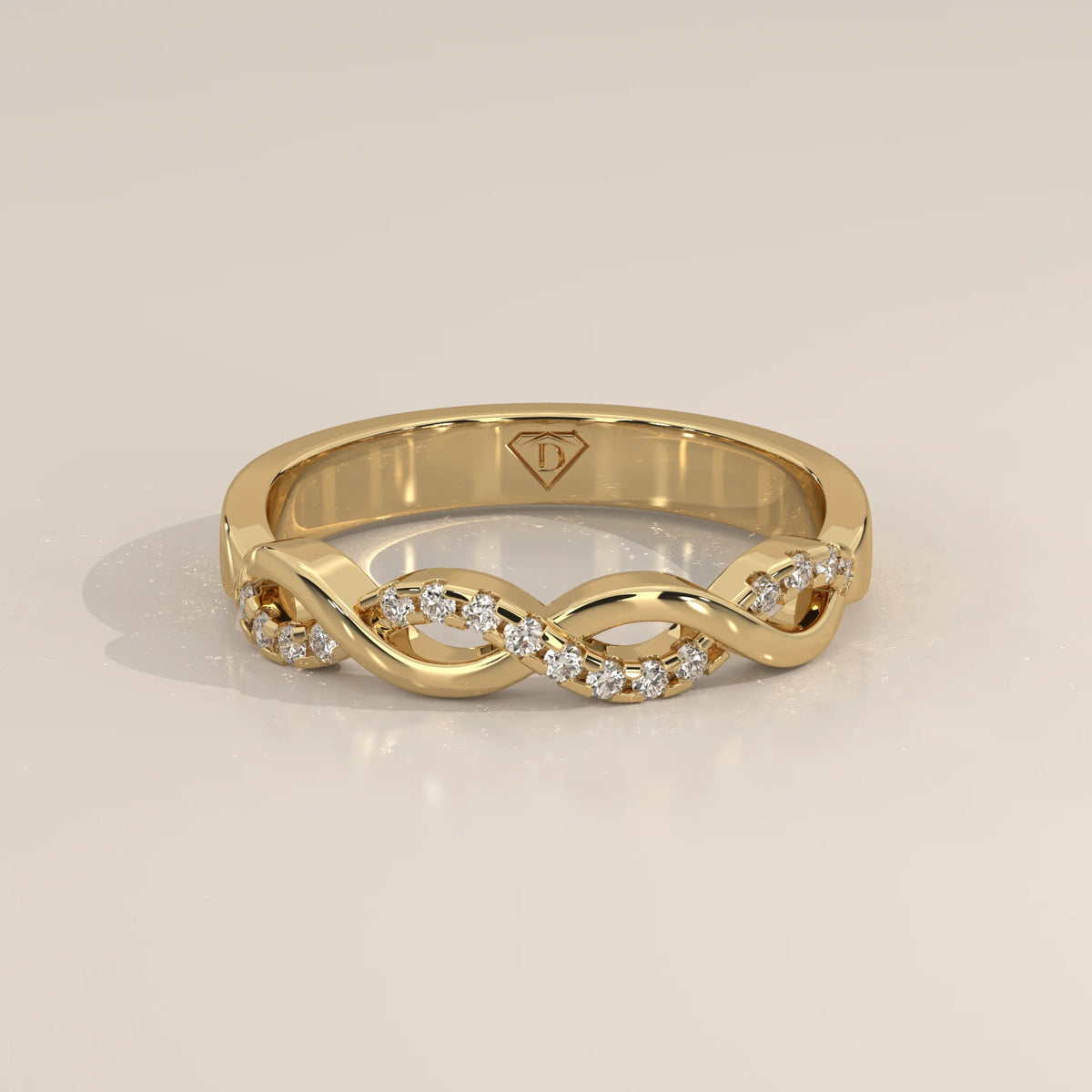 Three-Quarter View: Round Diamond Wedding Band with Pavé Setting in Yellow Gold – Lab Grown – Driona Jewels