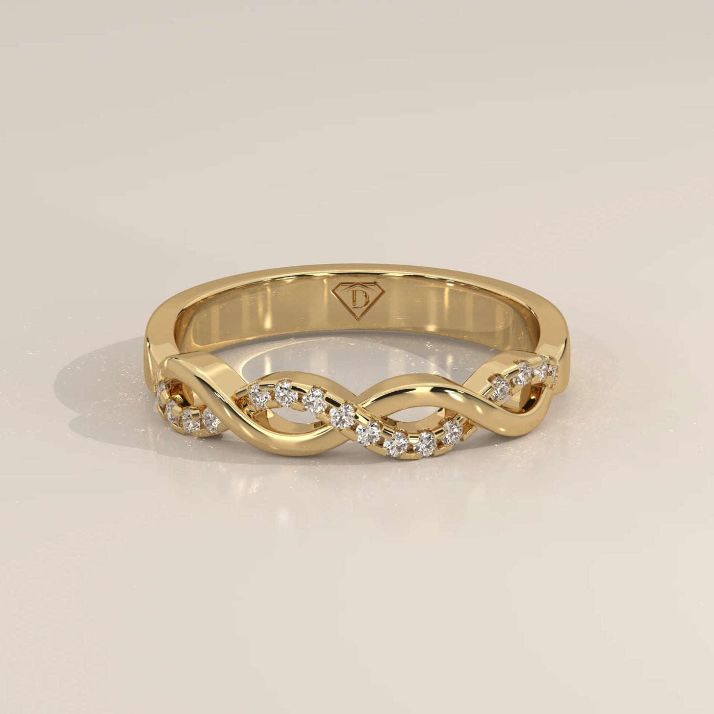 Three-Quarter View: Round Diamond Wedding Band with Pavé Setting in Yellow Gold – Lab Grown – Driona Jewels