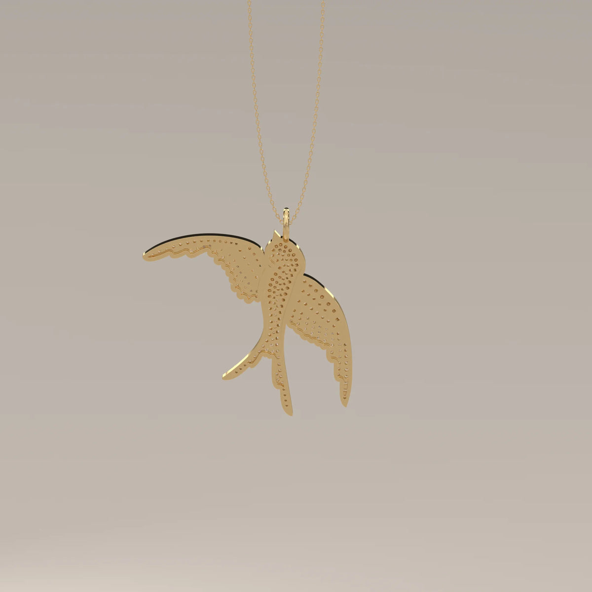 Pave Lab Grown Diamond Swallow Bird Pendant in Flight in yellow gold, front view on a plain background.