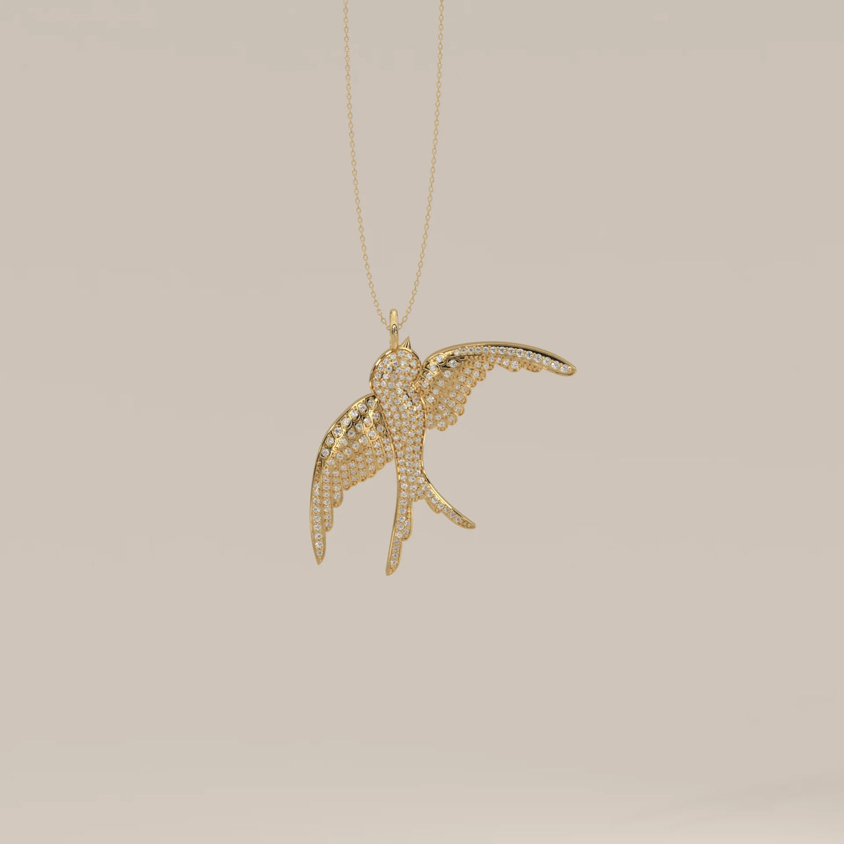 Pave Lab Grown Diamond Swallow Bird Pendant in Flight in yellow gold, shown from the front.