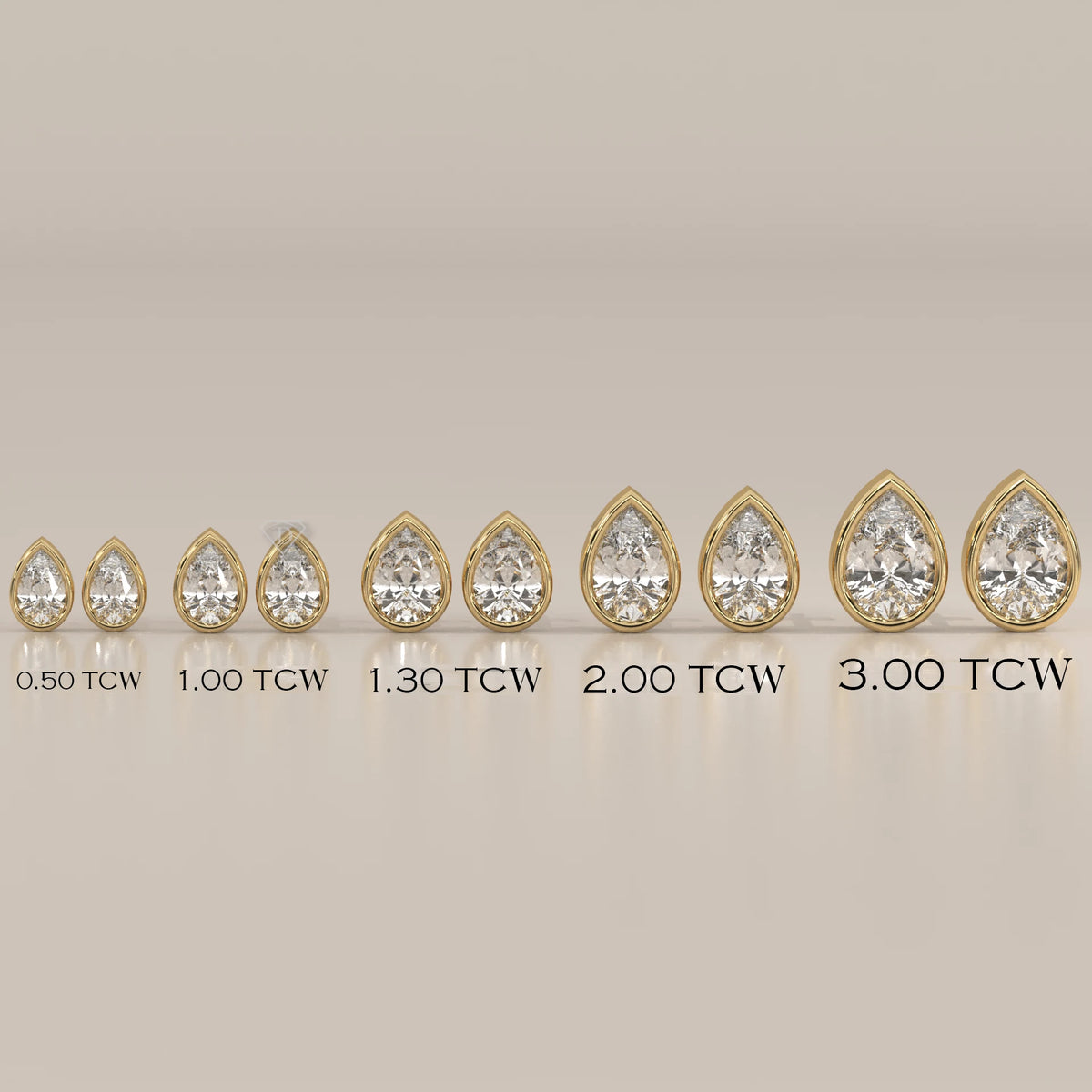 Pear bezel set lab grown diamond stud earrings size chart, 0.50 to 3.00 tcw labelled