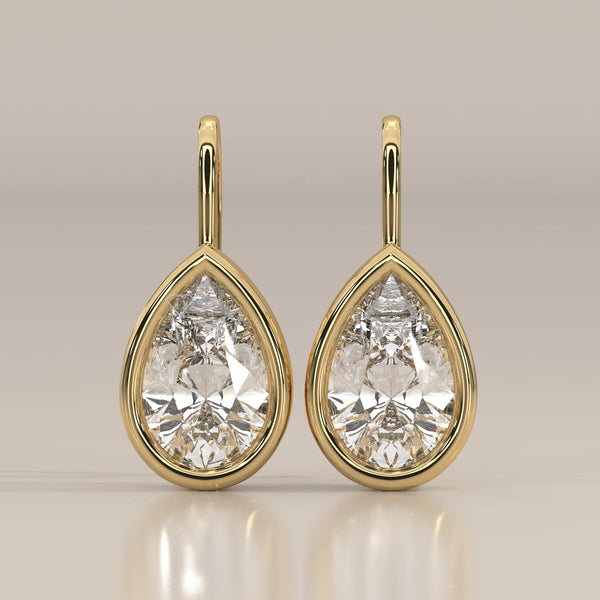 Pear Bezel Lab Grown Diamond Drop Earrings on a Solid Gold Hook in yellow gold, shown from the front.