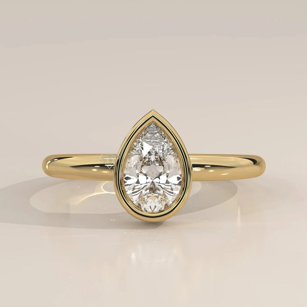 Front View: Pear Diamond Ring with Bezel Setting in Yellow Gold – Lab Grown – Driona Jewels