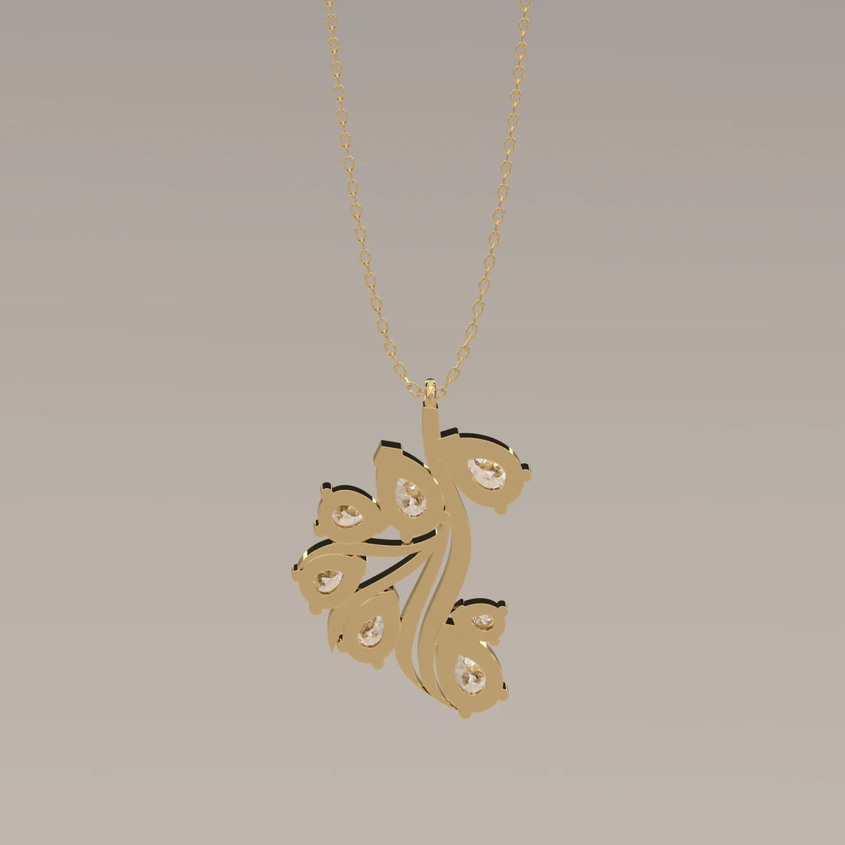 Pear Cluster Lab Grown Diamond Leaf Spray Pendant in yellow gold, front view on a plain background.