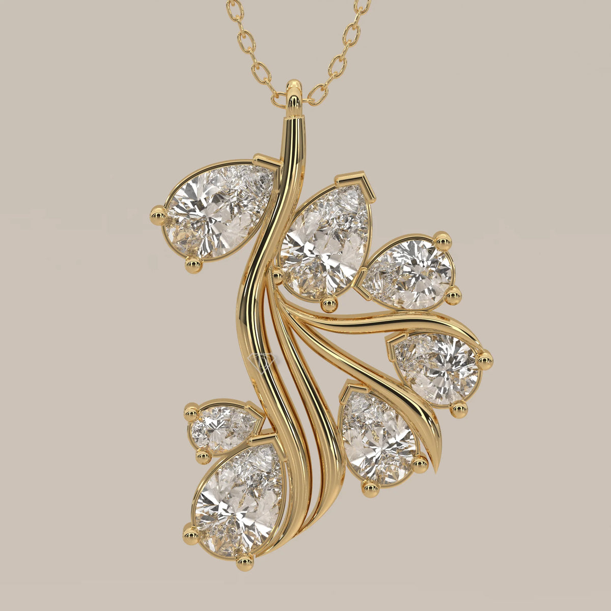 Pear Cluster Lab Grown Diamond Leaf Spray Pendant in yellow gold, shown on a plain background.