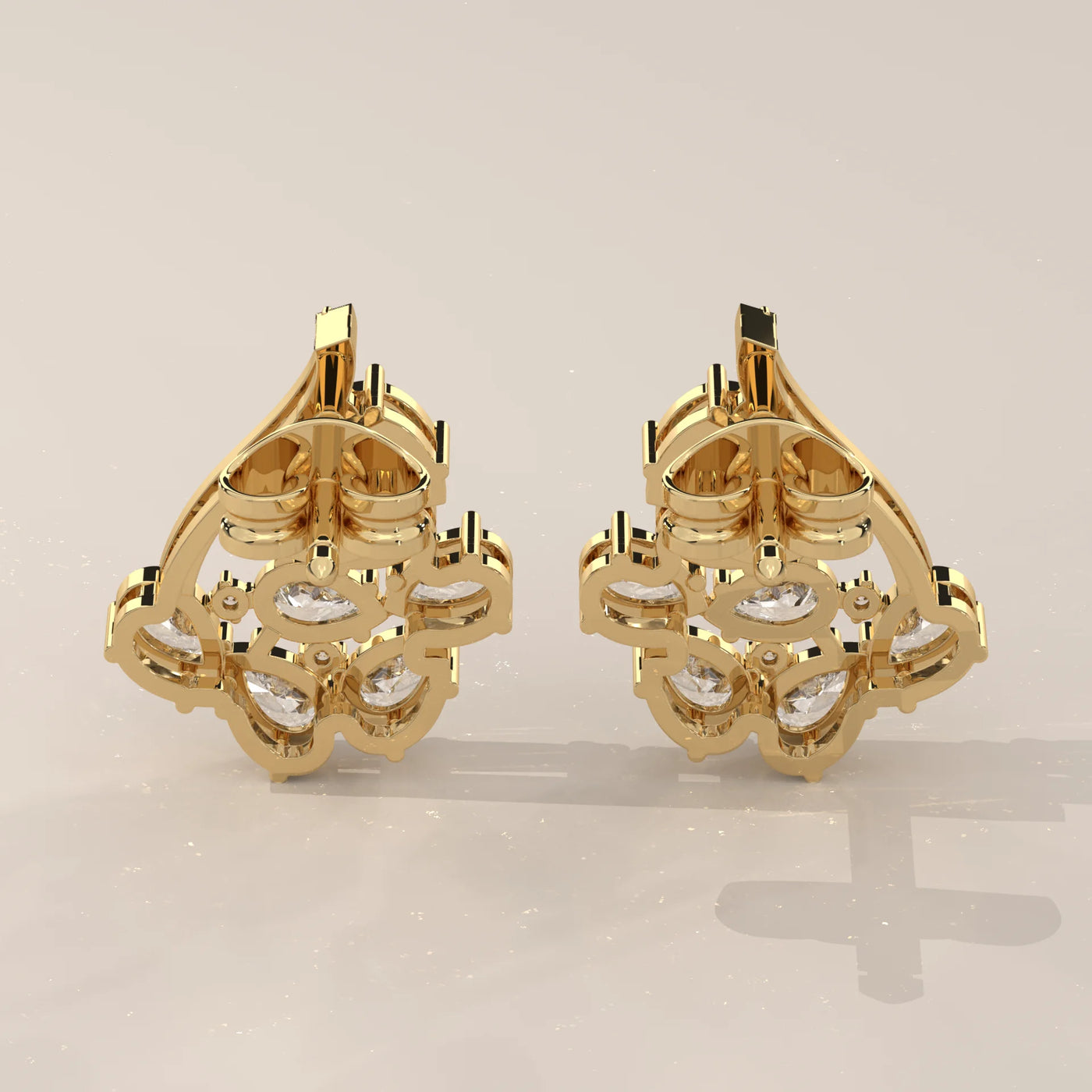 Back View: Pear Diamond Stud Earrings with Cluster Setting in Yellow Gold – Lab Grown – Driona Jewels